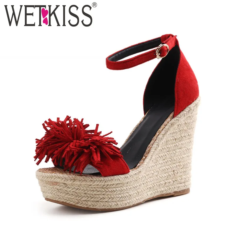 WETKISS 2019 New High Heels Women Sandals Open Toe Wedges Tassel Platform Footwear Straw Weave Fashion Ankle Strap Ladies Shoes | Обувь