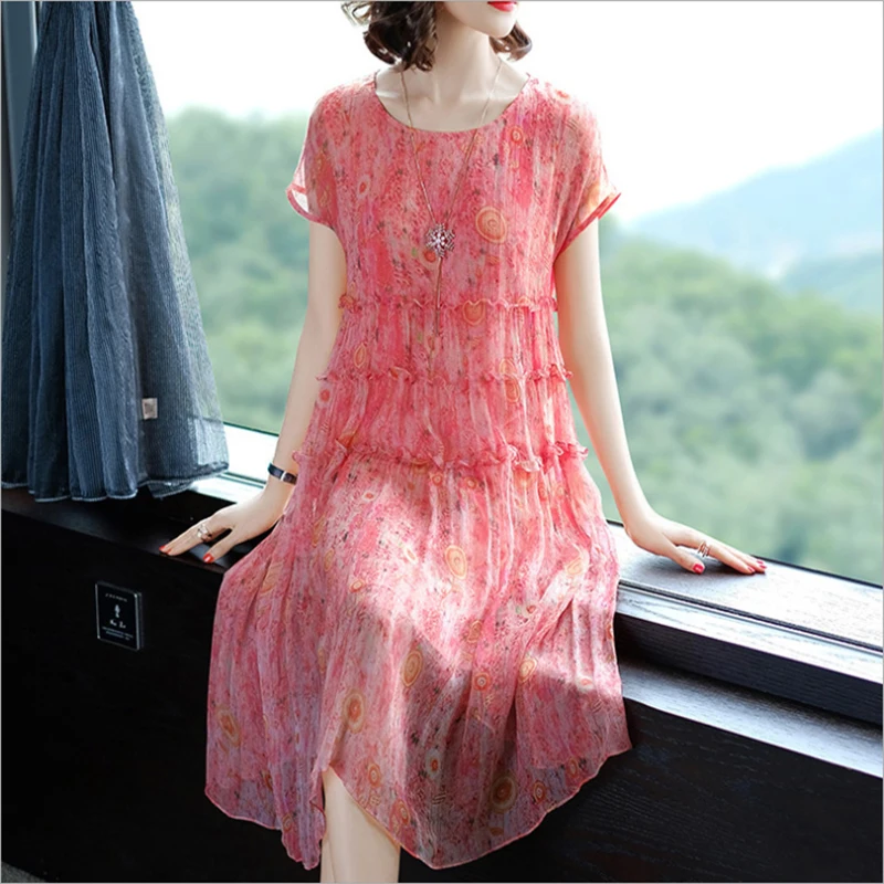 2018 летнее платье с коротким рукавом принтом элегантные платья круглым вырезом