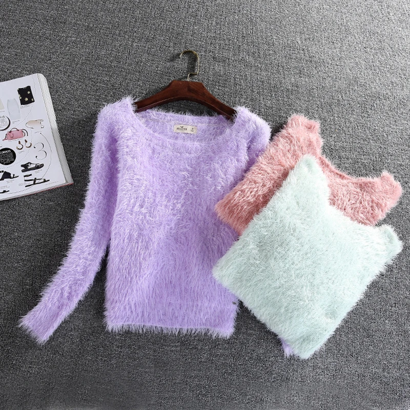 Korean style Women's Candy colors Mohair Wool Sweater 2019 Winter Soft Thicken Warm Knitted Women Sweet Short Sweaters | Женская