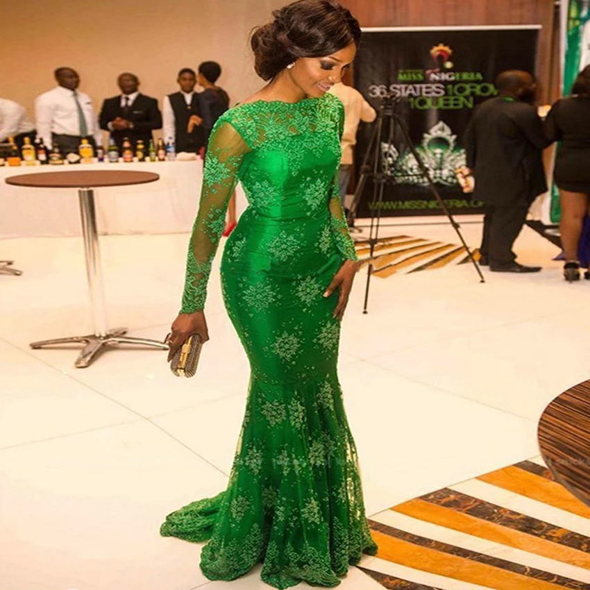 Элегантные зеленые вечерние платья с круглым вырезом и длинными рукавами