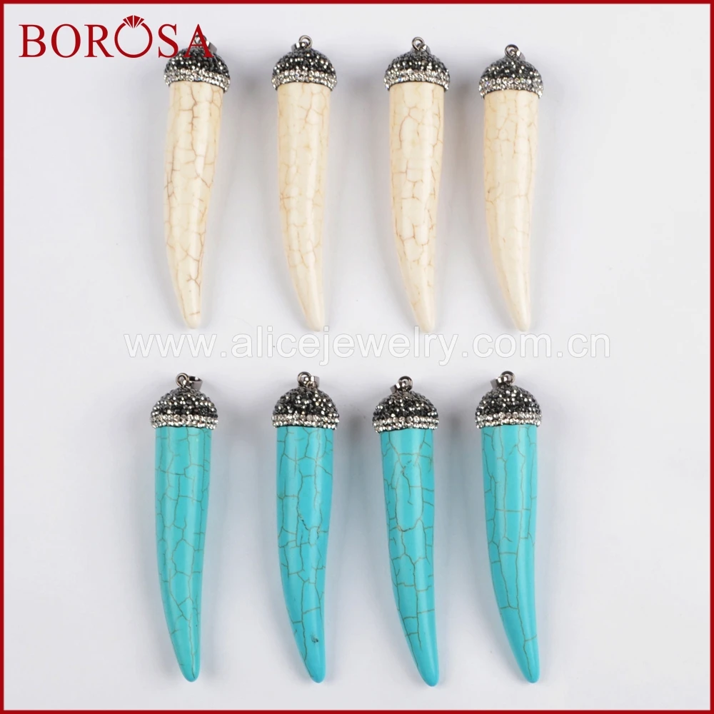 

BOROSA 10pcs Natural Blue/White Howlite Stone Zircon Cap Druzy Pendant Gems Jewelry Drusy Horn Pendant for Women Necklace JAB802