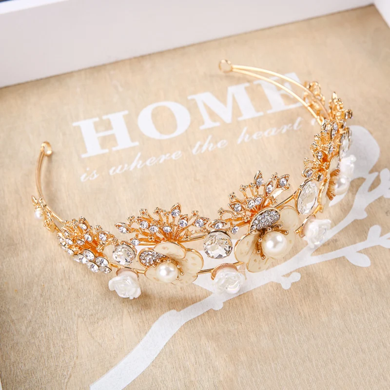 Himstory high end роскошные золотые Цвет тиара жемчужина Для женщин Корона в стиле барокко невесты цветок и листья Дизайн украшение для волос Свадебные аксессуары