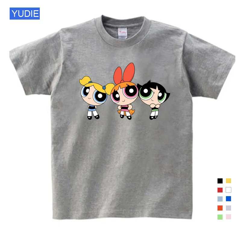Лидер продаж, футболка для девочек «Powerpuff» футболка из чистого хлопка с короткими рукавами и круглым вырезом Детская одежда новая футболка для детей 6, 8, 10, 12 лет