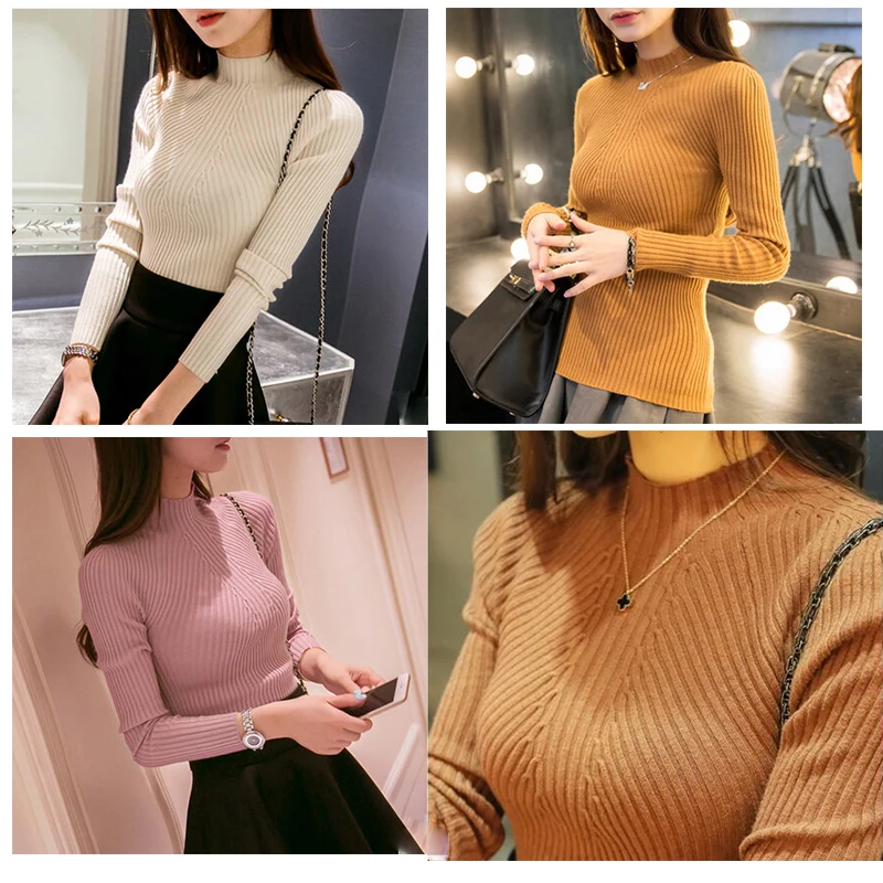 

2018 Autumn winter Thick Women knitted Sweater Pullovers Turtleneck Long Sleeve Solid close-fitting undershirt