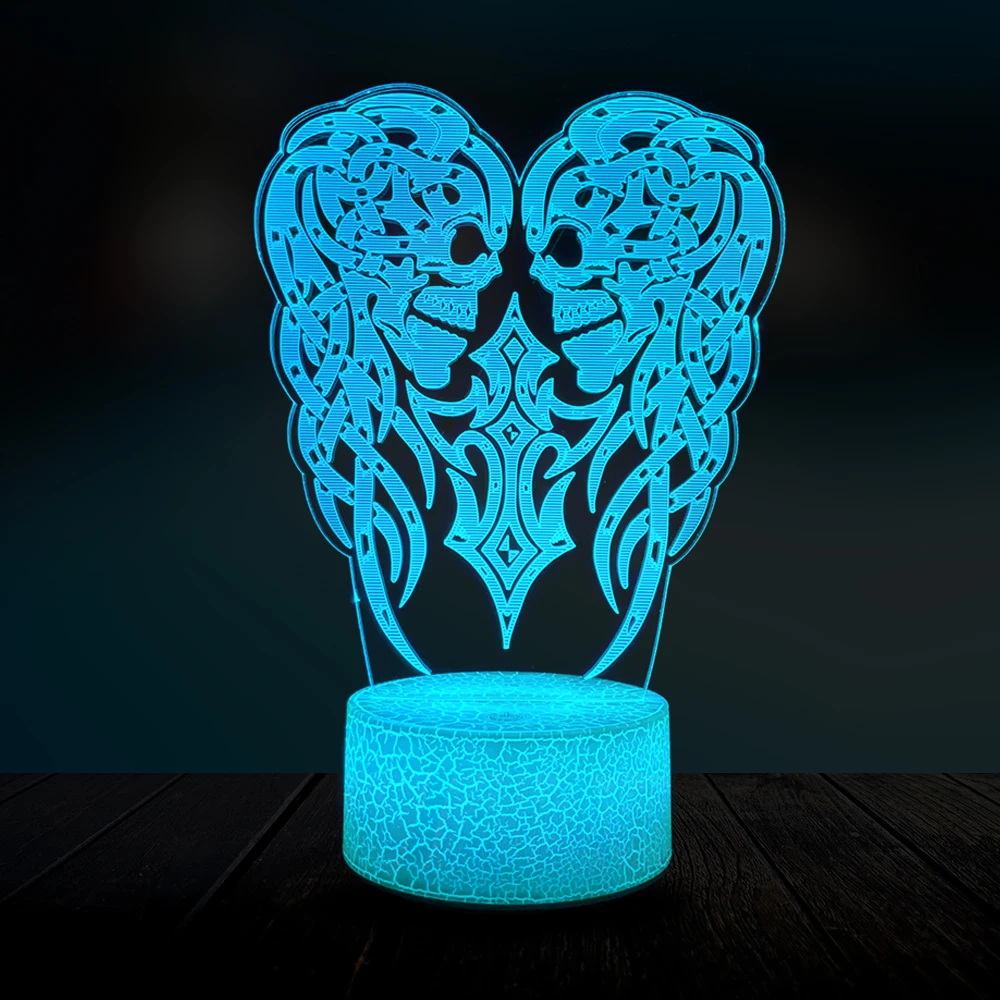 

Double Skull Wing 3D Lamp LED USB Mood Night Light Multicolor Touch Remote Luminaria Change Table Desk Beside Halloween Decor