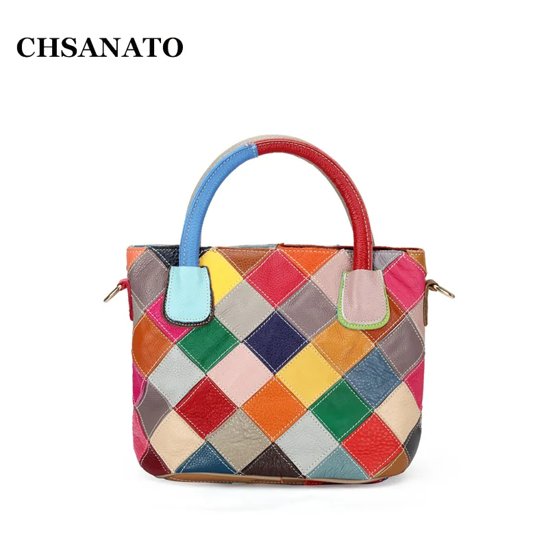 

CHSANATO 100% Genuine Leather Patchwork Bag Cowhide Bucket Bag Women Shoulder Bag Colorful Handbags K580