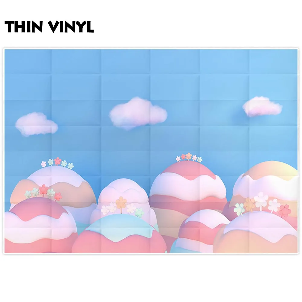 Allenjoy photography birthday backdrops Baby blue sky clouds colorful cute small flowers Dessert candy bar photocall wallpaper |