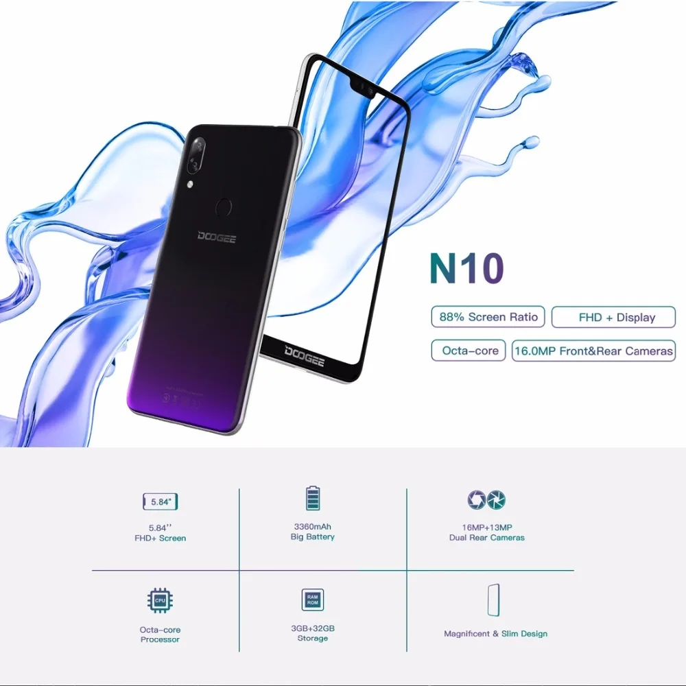 DOOGEE N10 мобильный телефон 16.0MP фронтальная камера 3360 мАч Android 8 1 4G LTE Восьмиядерный 3