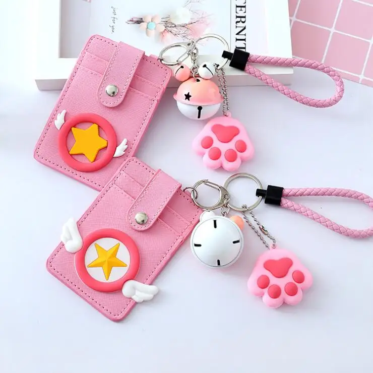 

Sharkbang Kawaii PU Leather Double Side Pink Heart Bell Rope Card Holder Bus Bank ID Card Keychain Protection Case