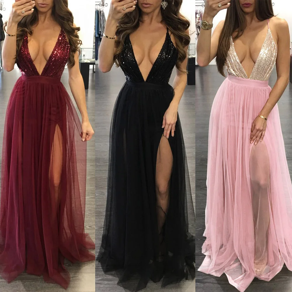 Real shot 2018 осенне весеннее вечернее Макси платье на бретельках с глубоким v
