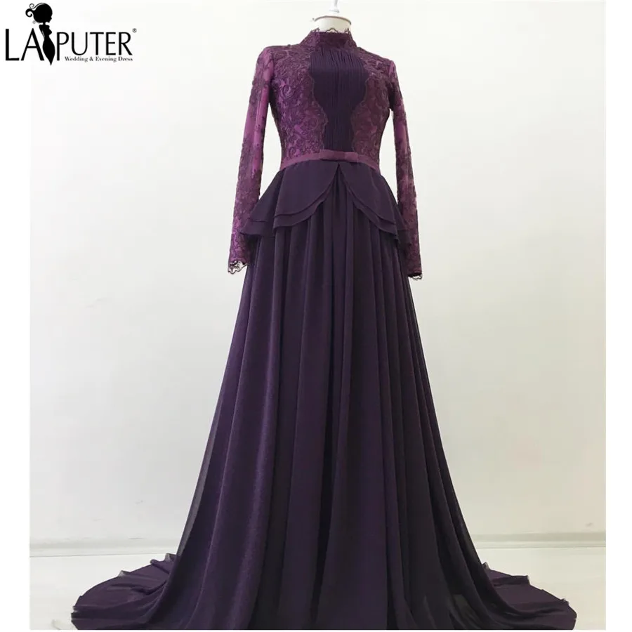 2017 шифоновая с длинными рукавами кружевные фиолетовые Вечерние платья длинные