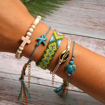 7 MOON GIRL 5 Pieces Puka Shell Bracelet Set Turtle Starfish Cross Beads Boho Weave Bracelet for Women Friendship Jewelry Dropship - Metal Color: 7