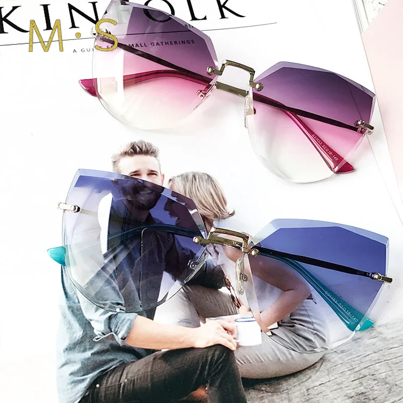 Женские солнцезащитные очки без оправы MS большие брендовые зеркальные