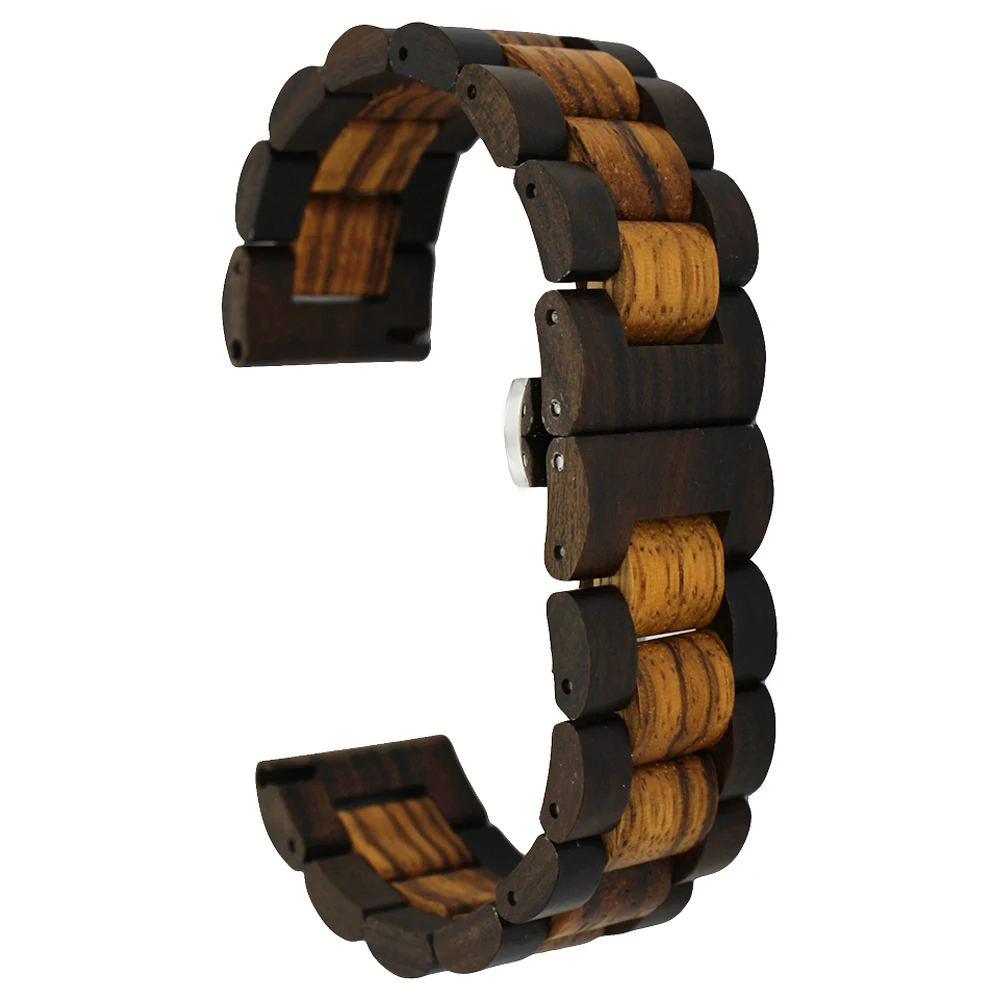 Wooden Watch Band 22mm for Tudor Stainless Steel Butterfly Buckle Quick Release Strap Wrist Loop Belt Bracelet Brown + Tool