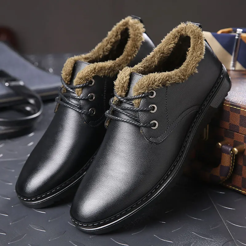 Мужские кожаные туфли на меху черные модельные плоской подошве шнуровке зимние
