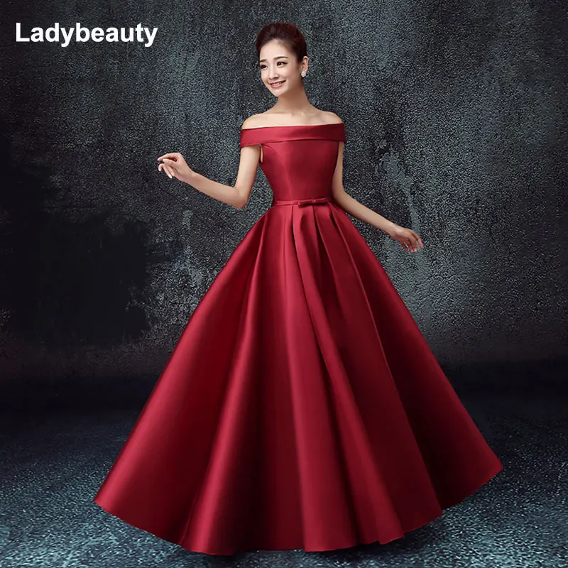 Ladybeauty Новое атласное с вырезом «лодочкой» с открытыми плечами ТРАПЕЦИЕВИДНОЕ синее длинное вечернее платье Свадебные Вечерние платья элегантного размера плюс платье для выпускного вечера - Цвет: Red wine