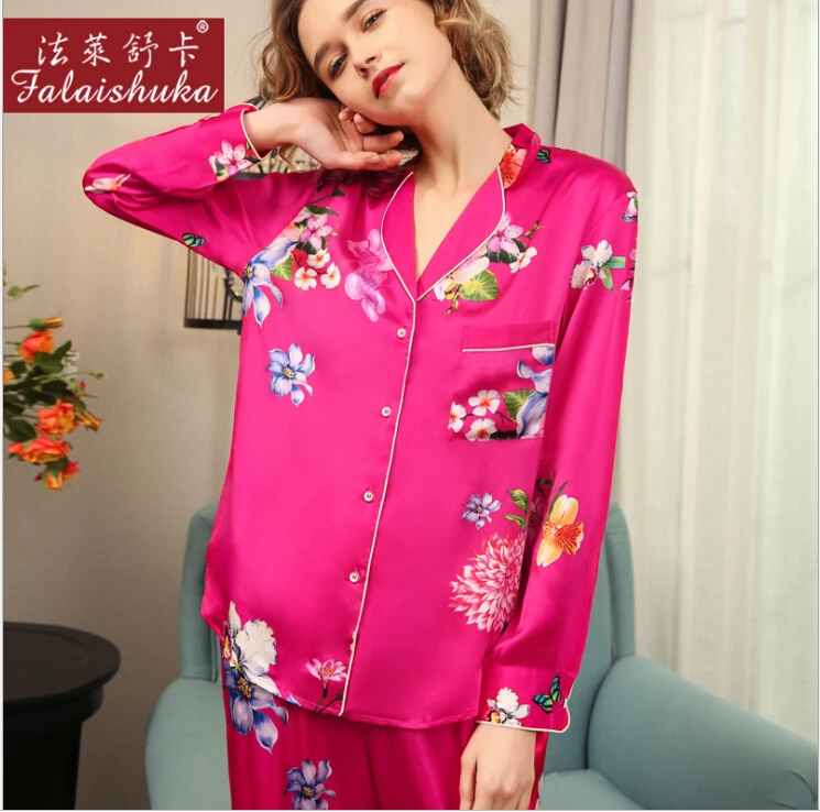 100% Silk Stain Pajamas Set Long Sleeve Women Flower Print 2019 Lady Red Silk Homewear Two Piece Pants Sets Sleepwear Clothing