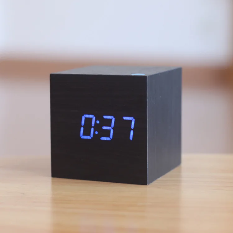 black blue Деревянный куб светодиодный Будильник, despertador контроль температуры звуков светодиодный дисплей, электронные настольные цифровые настольные часы, SKU4A4A3 - Цвет: black blue