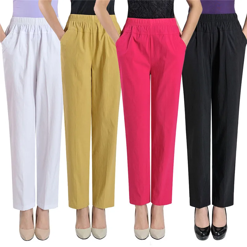 Casual Pants Women 2020 Elastic Cotton High Waist Trousers Spring Summer Solid Clothes Straight Mom Pants JD48