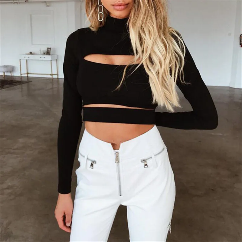 New Women Sexy Special Black Crop Tops Fashion 2018 Ladies Long Sleeve Hollow Out Club Party Sweaters Autumn Winter Pullover Top | Женская