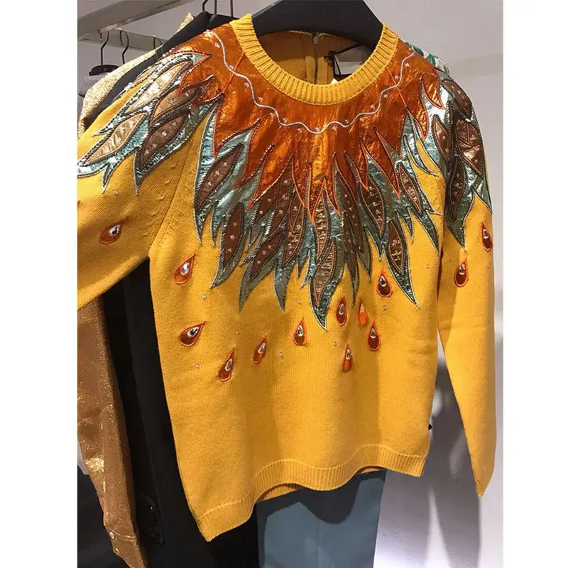 Fashion Brand Runway Designer Sweater Women Pullovers Diamonds Beading Embroidery Vintage Yellow Knitted Jumper 2019 pull femme | Женская