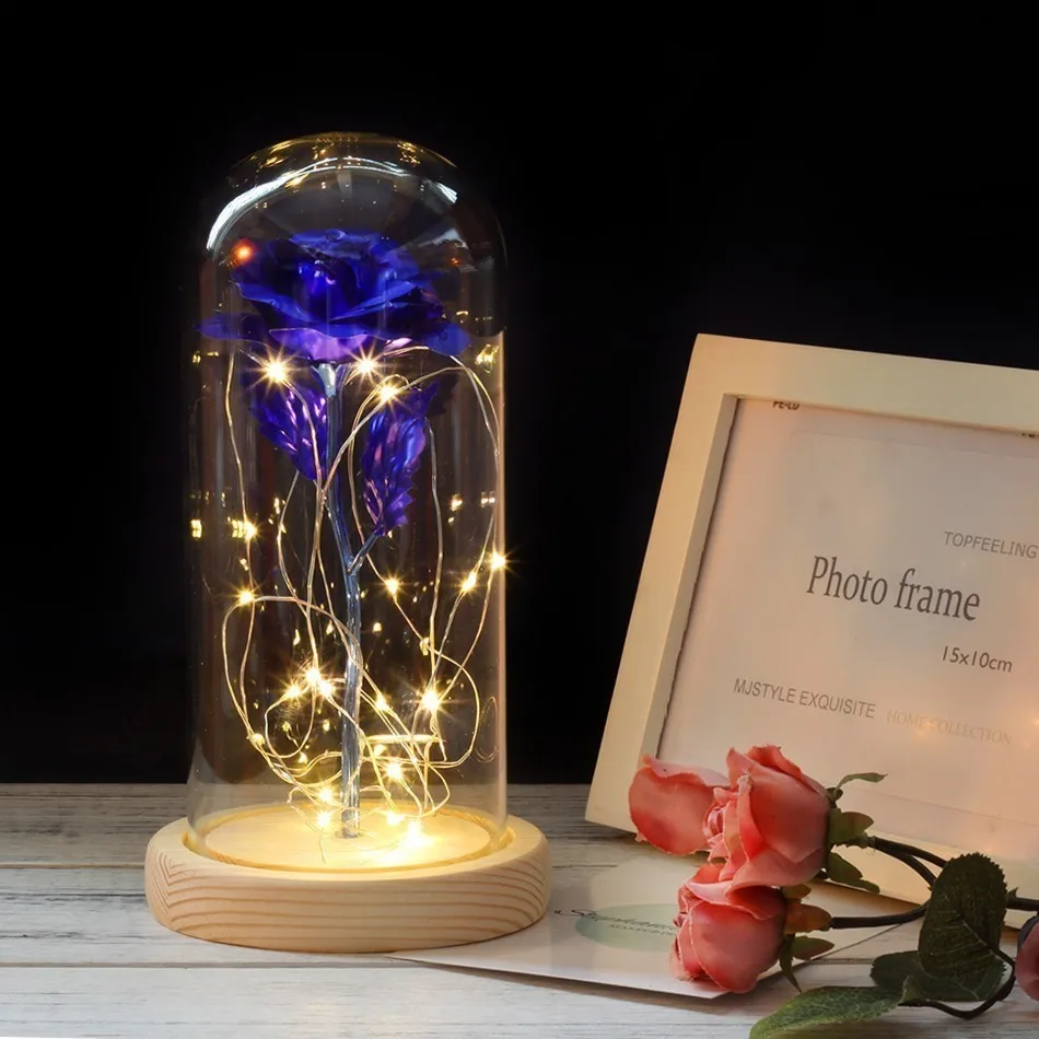 Blue NEW Beauty And Beast Eternal Flower Rose In Flask Wedding Decoration Artificial Flowers In Glass Cover For Valentine's Day Gifts - Цвет: Blue
