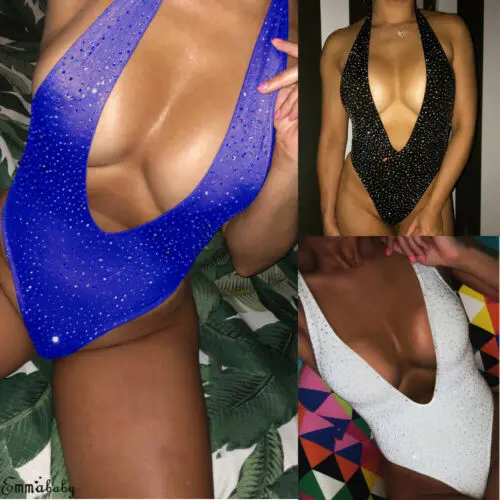 Женский Блестящий Цельный купальник бикини с глубоким V-образным вырезом и