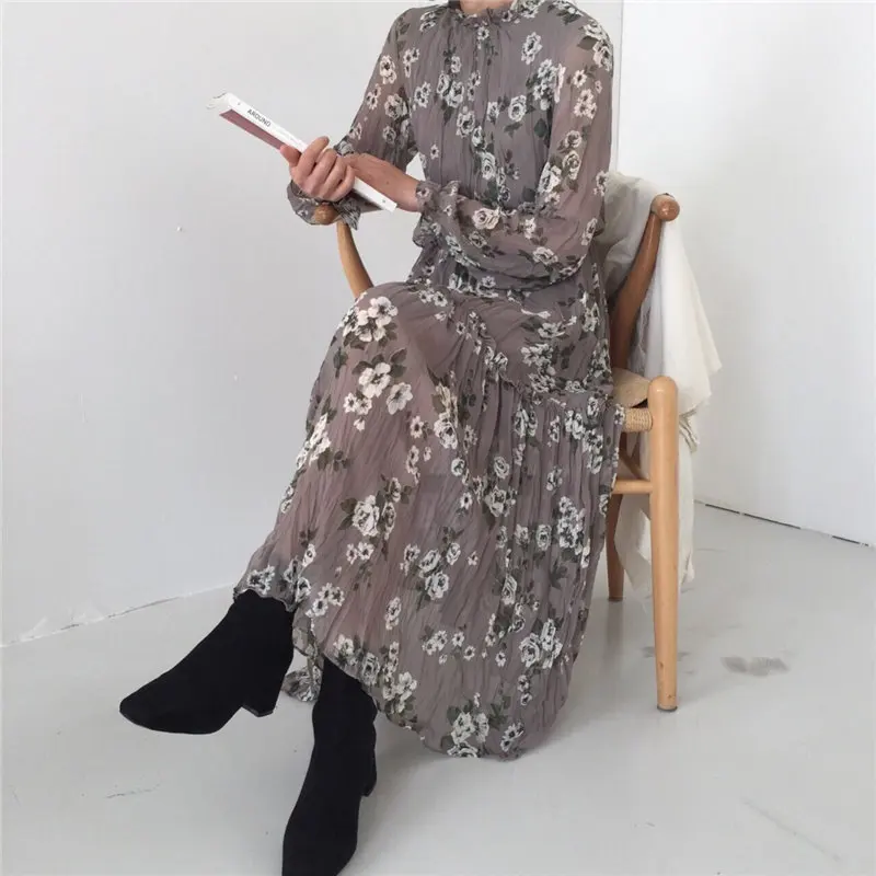 HziriP Stand Print Floral Casual Simple Loose Free 2019 Summer Autumn Women Elegant Ladies Party Ankle Length Dresses 3 Colors | Женская