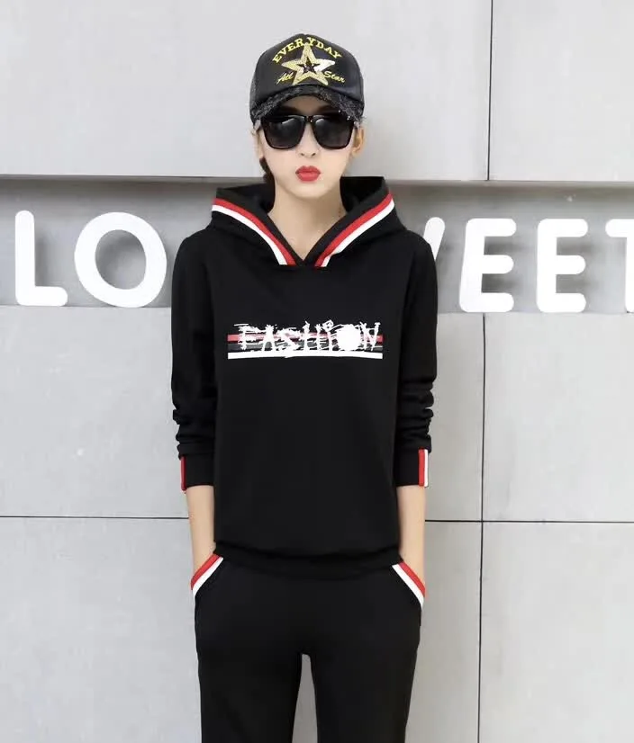 Women Autumn Sportswear New Fashion Two Pieces Set Striped Hooded Tops+Long Pants Leisure cotton sets
