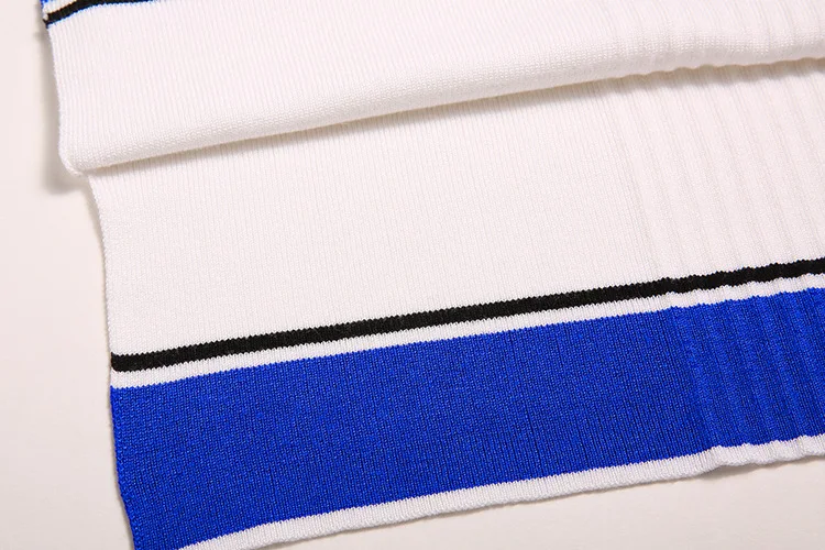 

2017 Spring New Fashion Women Sweater Long Round Neck Blue Trim White Sweater Women Femme