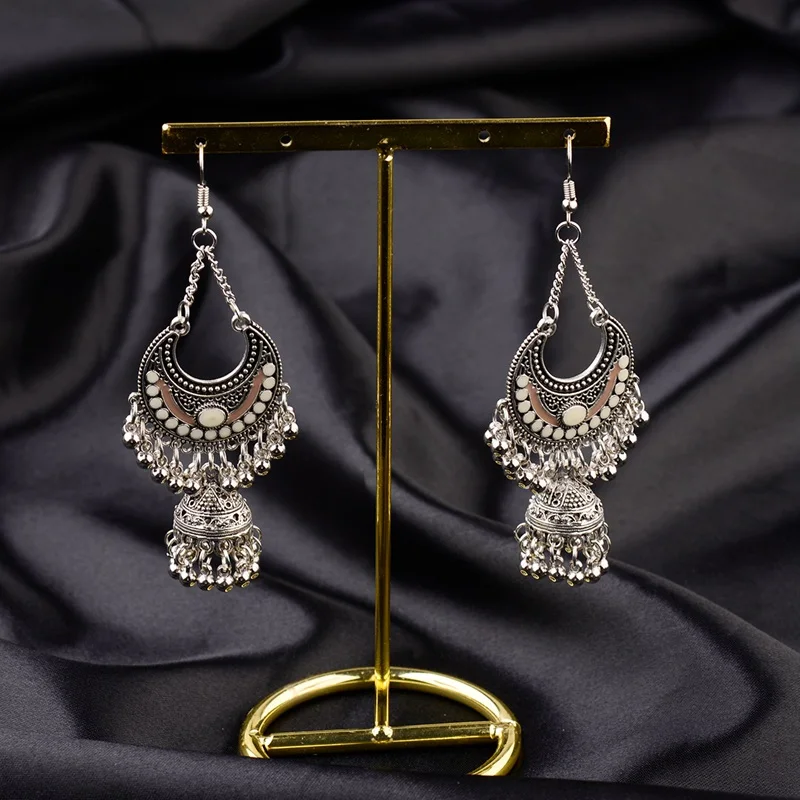 TopHanqi цыганские украшения, индийская Jhumka, длинные маленькие серьги-колокольчики с бахромой и кисточками, античный этнический Сплав серебра, висячие серьги для женщин