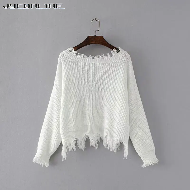 Сексуальный вязаный свитер JYConline женский джемпер черный белый рваный пуловер с