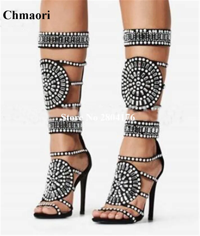 

Summer Sexy Fashion Style Mid-Calf Super High Heel Sandral Pointed Geometric Beads And Zipper Round Toe String Bead shoes