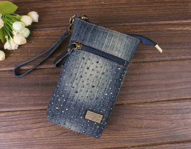 womens handmade blue jeans denim clutch handbag purse simple lovely design mobile phone pouch with handle+long shoulder strap |