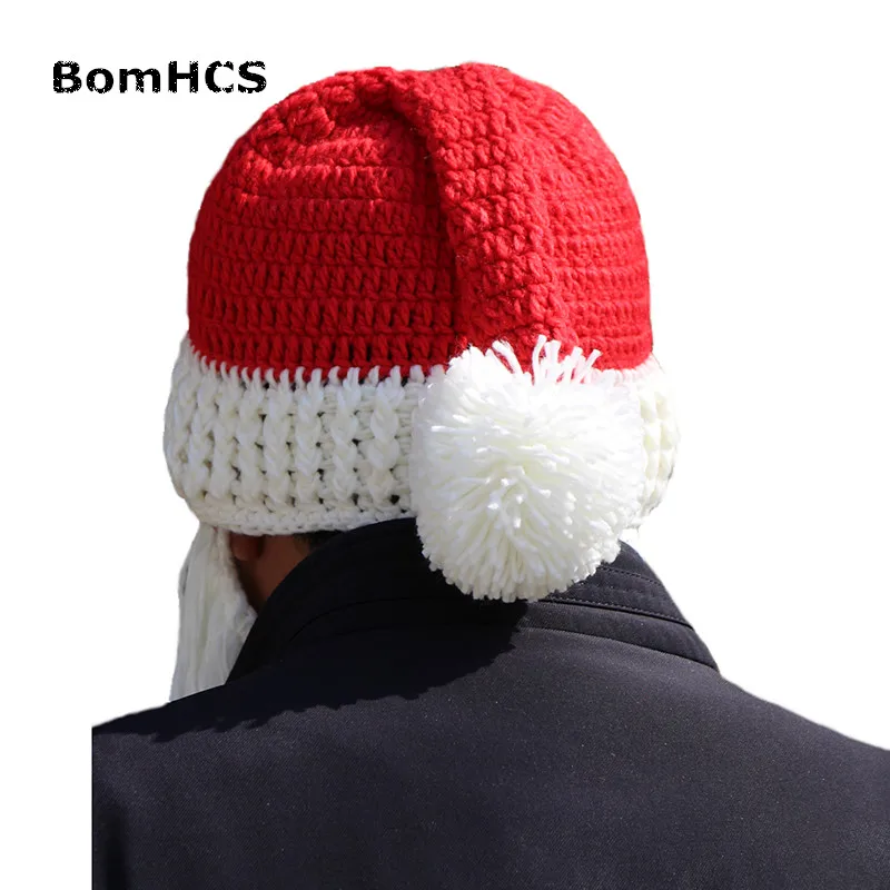 BomHCS Funny Santa Claus Hat and Big Beard 100% Handmade Winter Knitted Beanie Cap Cool Christmas Gift