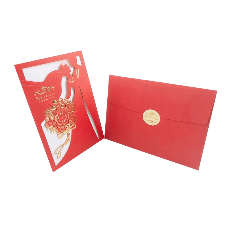 One Set Red 1 шт., красные, золотые, жених и невеста лазерная резка, для свадьбы Приглашения карты Поздравительные открытки конверты, изготовленные по индивидуальному заказу Свадебная вечеринка Декор поставки - Цвет: One Set Red