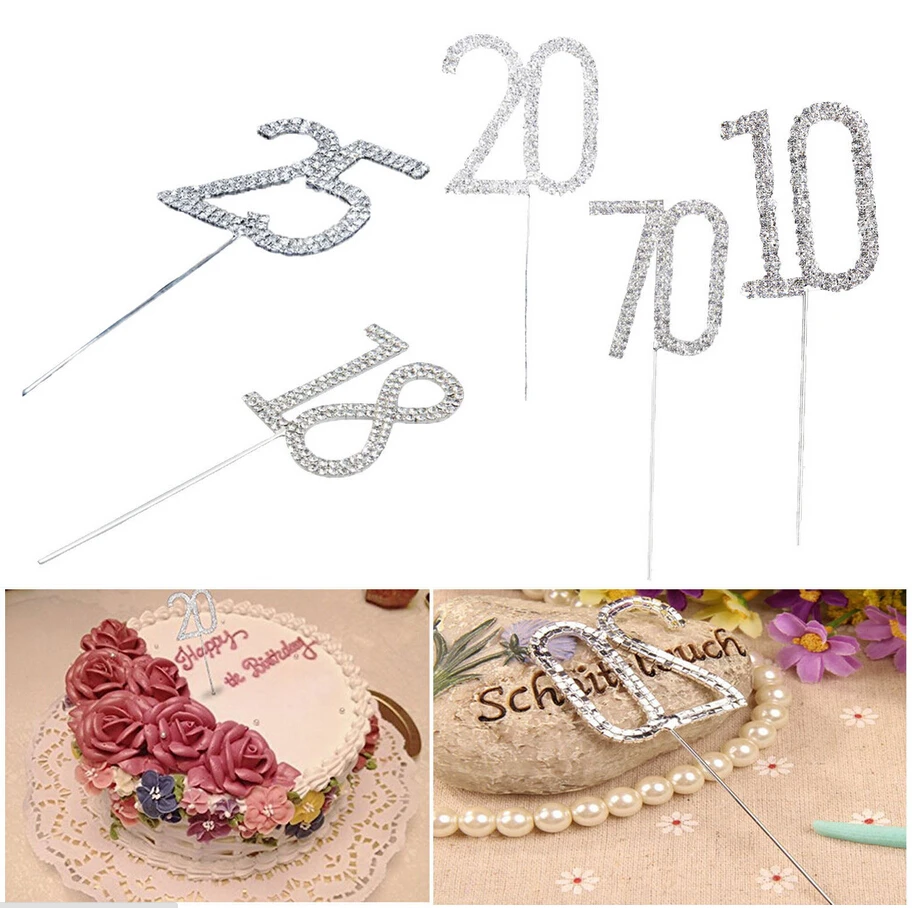 Скидка 20% на 2 шт.! Серебряные цифры со стразами для украшения торта дня рождения