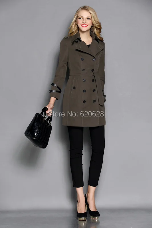 New 2014 Women Fashion Double Breasted Leather Buckle Trench Coat/High Quality Designer Elegant Khaki Black F320B016 | Женская одежда