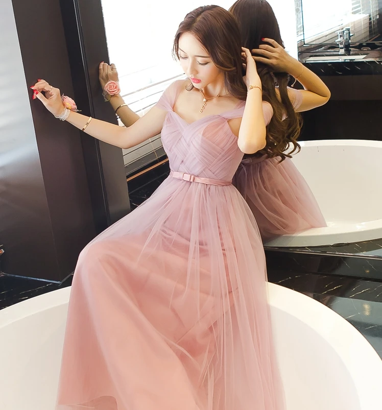 Бледно-розовый Длинные Платья для подружек невесты 2020 Милая Тюль дешевые