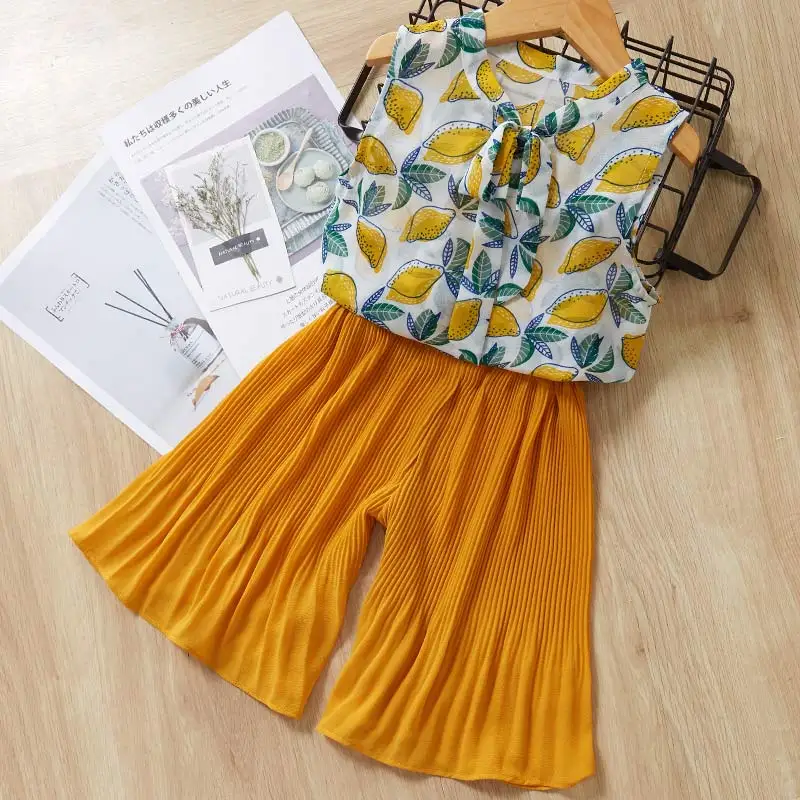Melario/летняя детская одежда в Корейском стиле костюм для девочек повседневные штаны на бретельках комплект из 2 предметов, однотонный топ на пуговицах и штаны Детский комплект - Цвет: AY266 Yellow