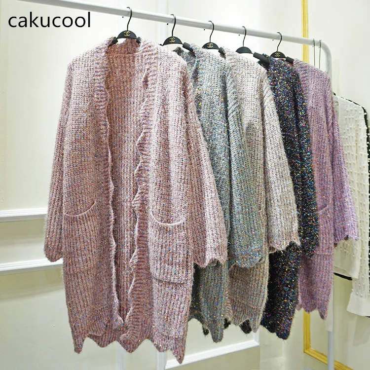 Женский длинный кардиган средней длины Cakucool свободный блестящий вязаный свитер