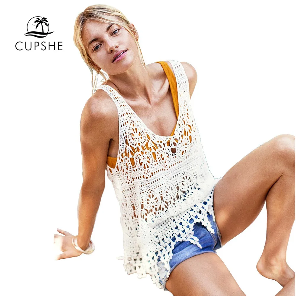 CUPSHE короткий белый вязаный крючком Топ сексуальный u образный вырез сетчатый без