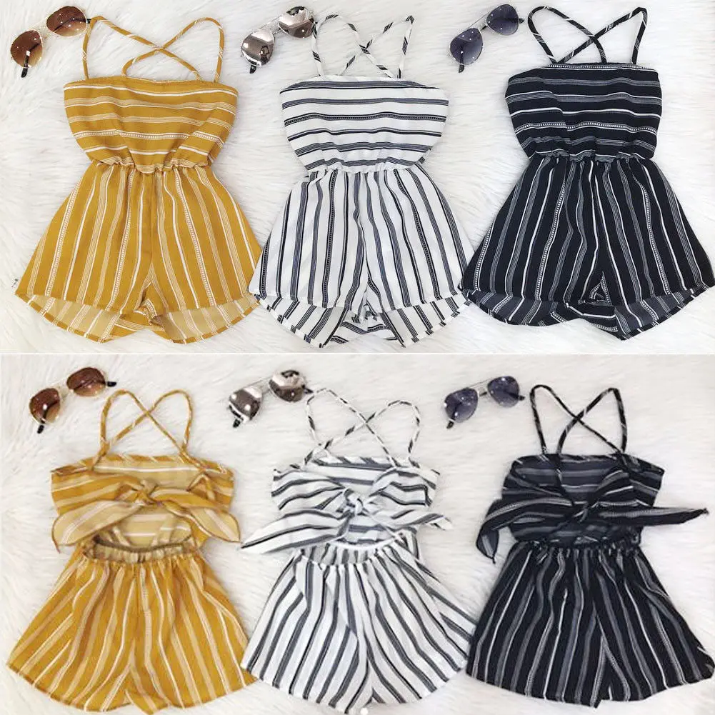 Детский комбинезон в полоску для девочек Летний на бретелях без рукавов стиле