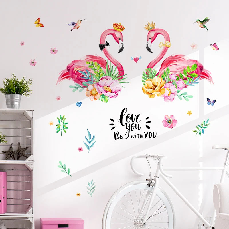 [shijuekongjian] Romantic Flamingo Wall Sticker DIY Plant Leaves Animals Decals for Kids Rooms Baby Bedroom Decoration | Дом и сад