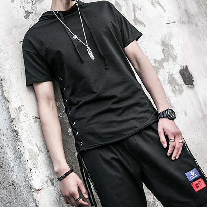 Streewear Для мужчин уникальная Двусторонняя шнурок летние футболка с капюшоном