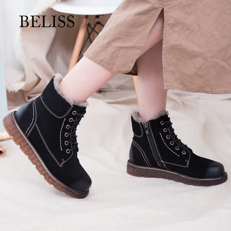 BELISS ankle boots women genuine leather casual warm fur comfortable lace up flats warm winter boot for women handmade B41