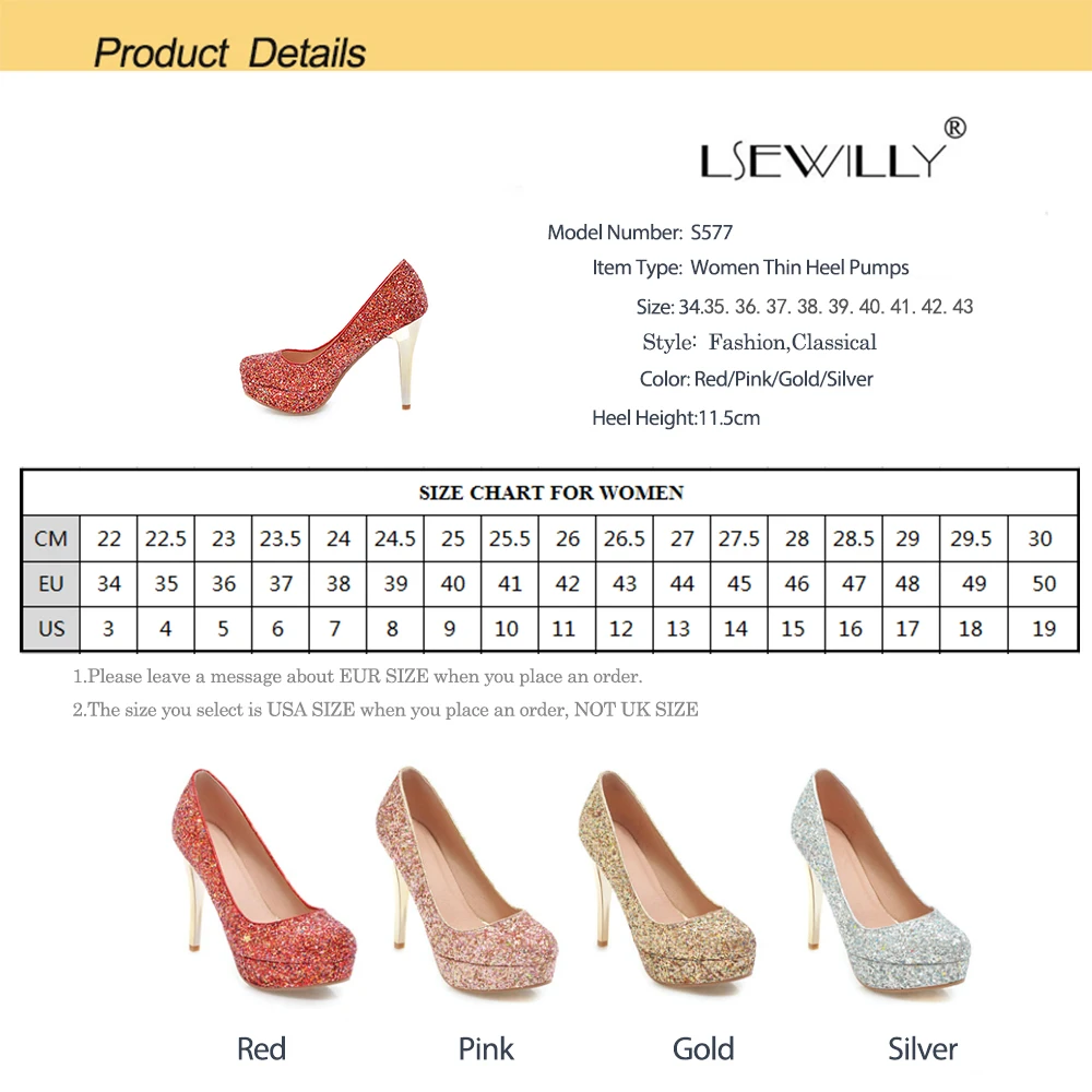 

Lsewilly Big Size 34-43 Shoes Women Platform High Stiletto Heels Pumps Round Toe Bling Bling Wedding Party Dress Shoes S577