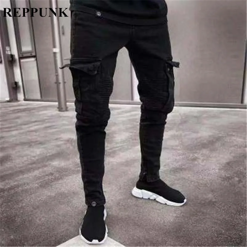 REPPUNK new streetwear hiphop men jeans comfortable cotton elastic slim black big pocket simple male quality denim trousers | Мужская