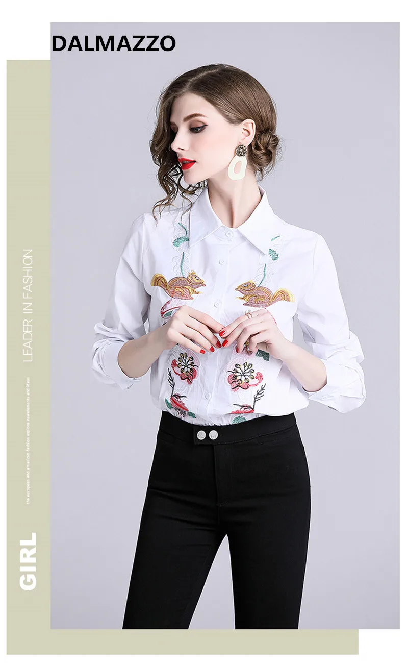 Женская Офисная приталенная рубашка с длинным рукавом и вышивкой весна 2019| |