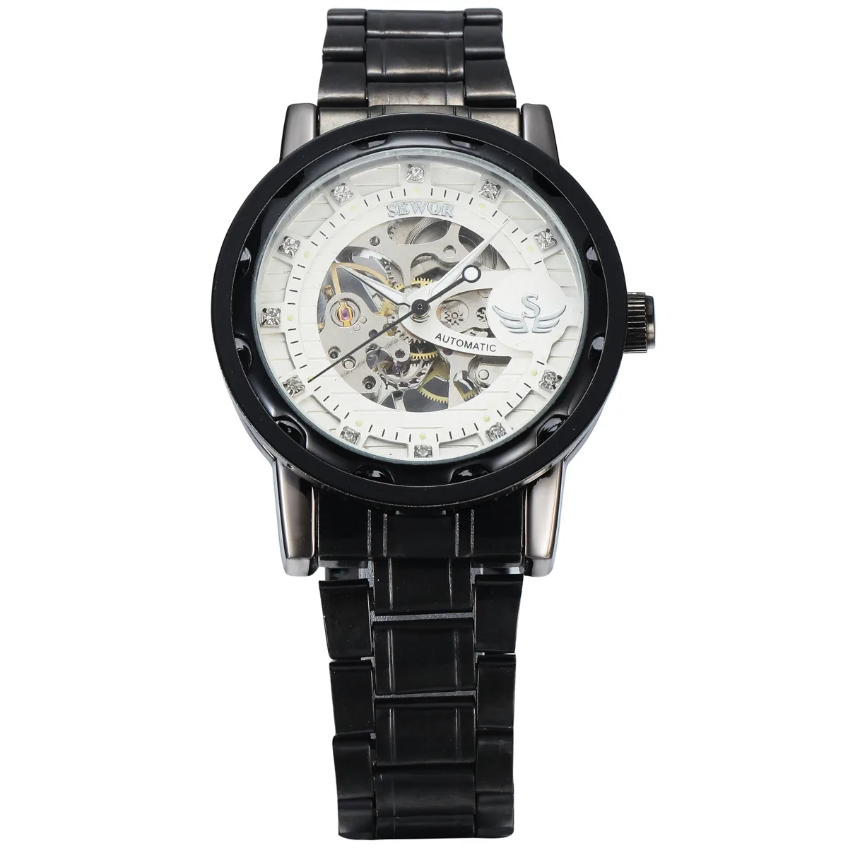 Новинка 2017 модные черные стальные Мужские часы скелетоны брендовые ажурные